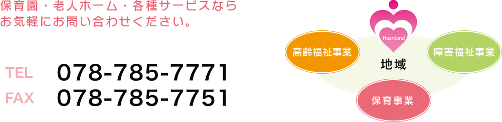 保育園・老人ホーム・各種サービスなら お気軽にお問い合わせください。 有限会社エムツーコーポレーション代表番号 TEL/FAX 078-787-7771